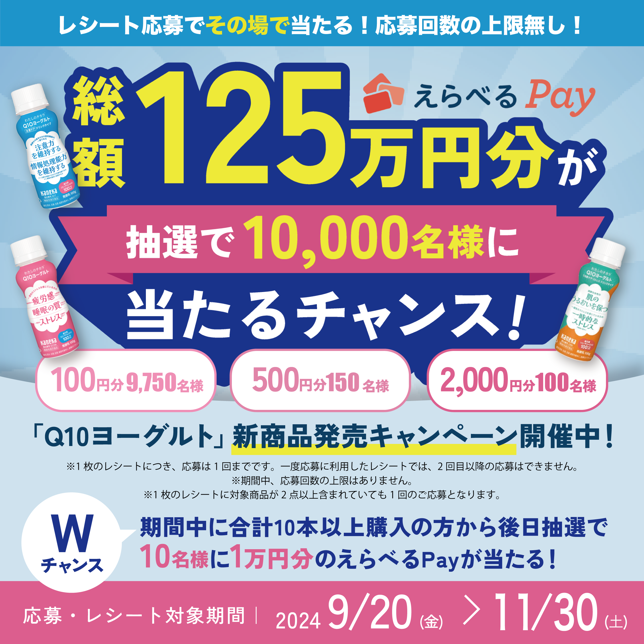 レシート応募でその場で当たる！何度でも応募できる！総額125万円分がえらべるPay抽選で10,000名様に当たるチャンス！『Q10ヨーグルト』新商品発売キャンペーン開催中！応募・レシート対象期間は2024年9月20日から11月30日まで